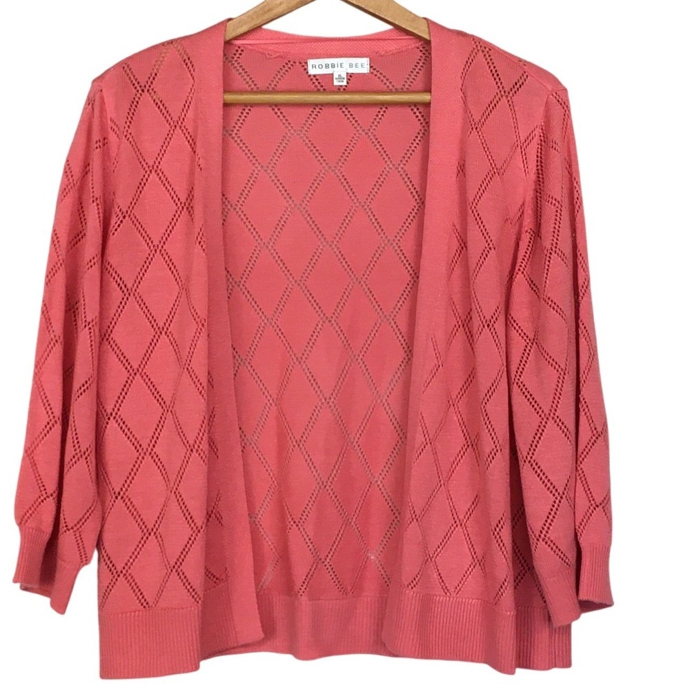 Robbie Bee Coral Pink Diamond Pointelke Knit‎ Open Front Cardigan Sweater XL